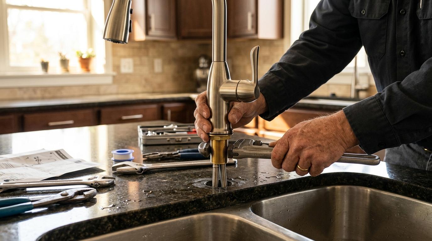 Kitchen faucet installation by a licensed plumber