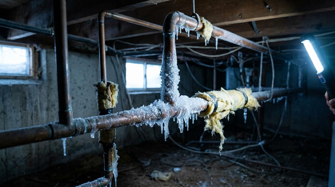 Frozen residential water pipes with frost buildup
